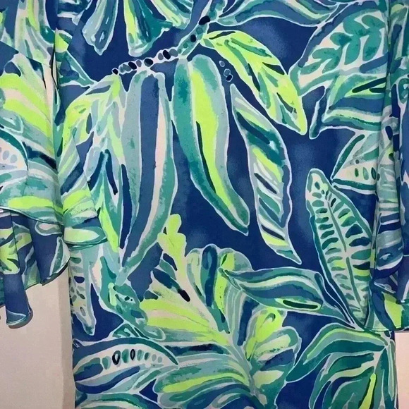 Lilly Pulitzer Rosalia Beckon Blue Palm Passage Crepe Flounce Sleeves size 6 - Picture 6 of 13